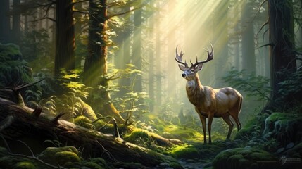  a painting of a deer standing in the middle of a forest with sunbeams shining down on the trees.  generative ai