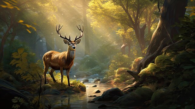  a painting of a deer standing in the middle of a forest with a stream running through the middle of it.  generative ai
