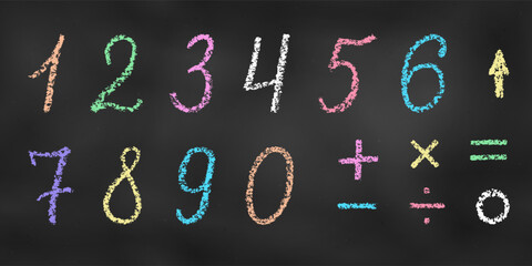 Set of Design Elements Handwritten Numbers of Different Colors Isolated on Chalkboard Backdrop. Realistic Chalk Drawn Sketch.