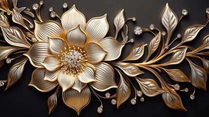 Luxury golden flower decorative background. Beautiful precious metal filigree floral royal jewelry art