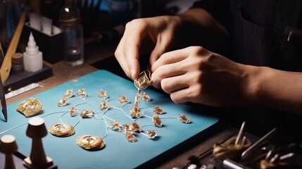 Naklejka na ściany i meble Making earrings. Closeup hands of jeweler at work in jewelry. Desktop for craft jewelry making with professional tools. Concept of job, business, beauty