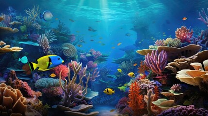  an underwater scene of a coral reef with a variety of tropical fish and corals, with sunlight streaming through the water.  generative ai