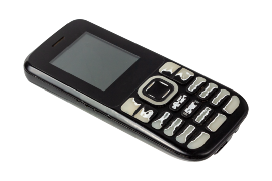 A used cell phone. Basic phone isolated on white background. Old cell phone.