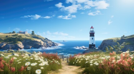 Fototapeta na wymiar a painting of a path leading to a lighthouse on a cliff overlooking the ocean with wildflowers in the foreground. generative ai