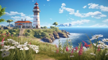  a painting of a lighthouse on a small island with flowers in the foreground and a body of water in the background.  generative ai
