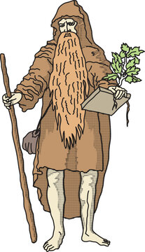 A druid with a large beard, a cane in one hand, and medicinal herbs and a book in the other hand