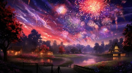  a painting of fireworks in the night sky over a lake with a house in the foreground and trees in the background.  generative ai