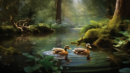  a painting of two ducks swimming in a pond surrounded by green plants and a mossy area with trees in the background.  generative ai