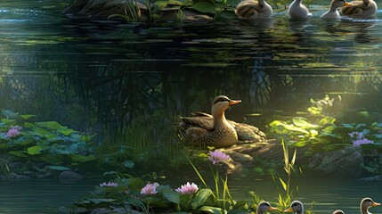  a group of ducks floating on top of a lake next to a lush green forest filled with water lilies.  generative ai