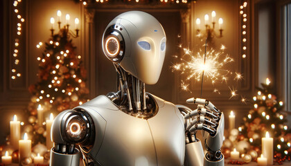 New Year's Celebration Blended With AI: Robot Holding Sparkler in Front of Christmas Tree