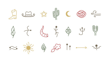 Boho wild west line icon set. Native American, Indian ancient silhouette collection