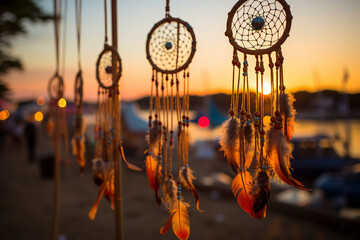 Sunset Hues: Handcrafted Dreamcatchers Adorning a Seaside Setting