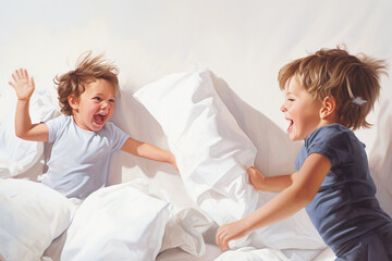 Obraz na płótnie Canvas childs have a lot of fun wiht have a pillow fight painting style