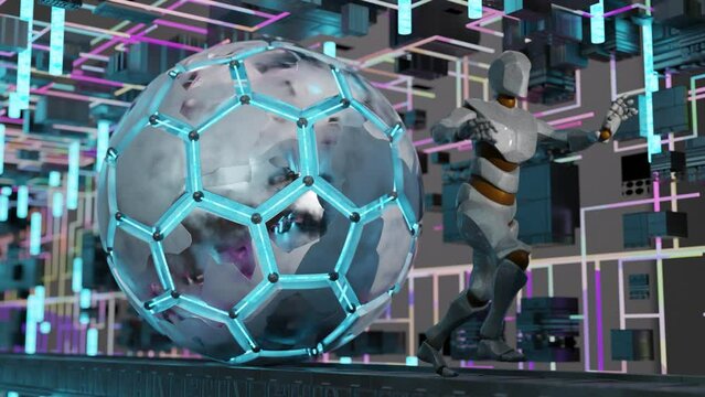 Loop 3d techno animation. A humanoid robot runs away from a rotating metal ball. A sphere of hexagons. Technosphere and robot. The idea of a technological trap.