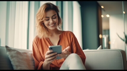 Young woman, young woman with mobile phone, smiling woman, woman sitting on the couch