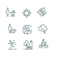 City and Park Ibuildings, seesaw, rope ladder, playground and trees line icons vector design - obrazy, fototapety, plakaty