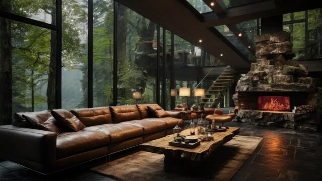 Luxury living room fireplace with beautiful and relaxing rainy forest view