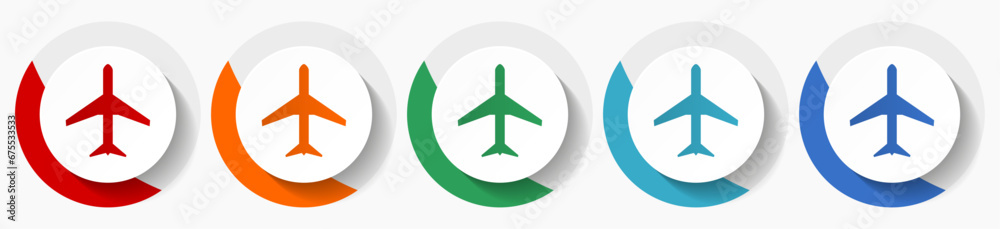 Fototapete Plane, flight, airplane vector icon set, flat design colorful round icons in 5 color options for webdesign and mobile applications
