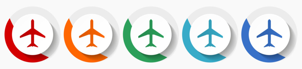 Plane, flight, airplane vector icon set, flat design colorful round icons in 5 color options for webdesign and mobile applications