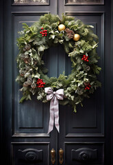 Fototapeta na wymiar Festive Christmas Wreath with colorful balls and decorations on a wooden front door, background