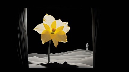  a large yellow flower sitting in the middle of a dark room with a person standing in the distance behind it.  generative ai