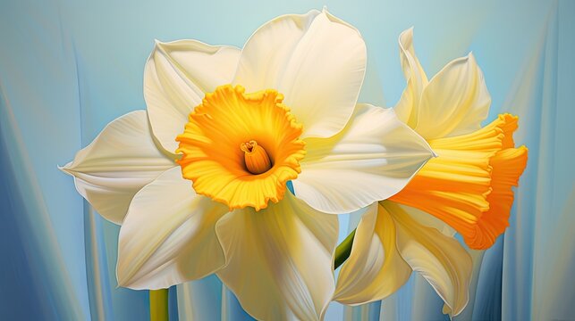  a painting of two yellow and white daffodils in front of a blue and white striped curtained background.  generative ai