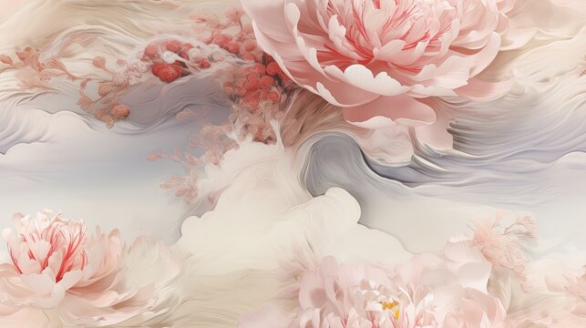  a painting of pink flowers on a white and gray background with a swirly wave in the middle of the image.  generative ai