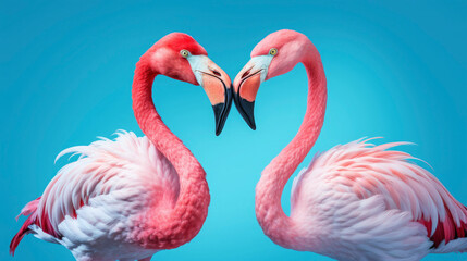 Closeup of two animals pink flamingos standing next to each other isolated on blue background 