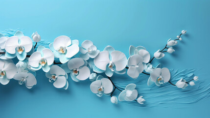 Closeup of white orchids on pastell blue background 