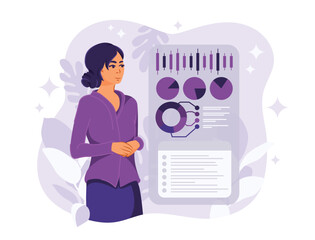 Young businesswoman. A woman is preparing a financial tax report. Abstract data analysis. Business technology and workflow. Flat Vector Illustration