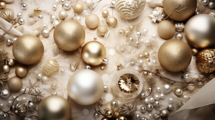  a white and gold christmas ornament surrounded by white and gold baubles on a white table cloth.  generative ai