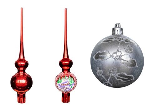 Vintage multi-colored glass and plastic Christmas tree toys, treetop, gray ball, red heart, blue, green, gold spiral close-up isolated on transparent background, set of 3