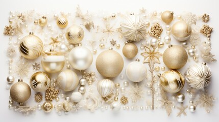 a white and gold christmas ornament with snowflakes, ornaments, and snowflakes on a white background.  generative ai