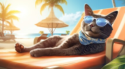 Portrait of a Relaxed Grey Cat Lying Down on a Deckchair at the Beach with Umbrellas and Palm Trees in the Background covering the Landscape of the Sea. - obrazy, fototapety, plakaty