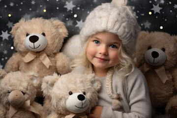 Cute Little Blonde Girl 5 Years old inside a Christmas Decorated Room with many Light Gray Bears and other Illuminated Stars. Happy Children.