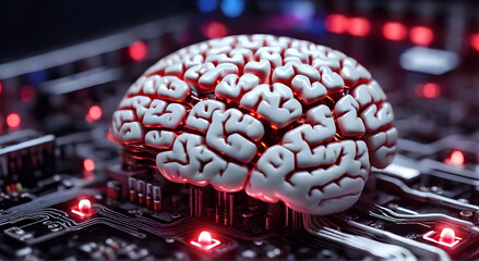 A black brain with red neon light on motherboard with radiates electricity