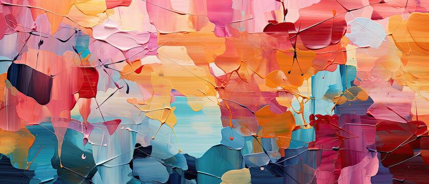 fondo de pintura abstracto de trazos gruesos de formas geometricas en colores azul, naranja, rojo, rosa, violeta, rojo, negro y morado