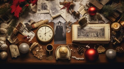  a table topped with lots of christmas decorations and a clock next to a picture of a man in a top hat.  generative ai