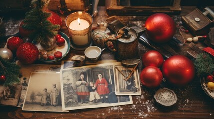  a table topped with lots of christmas decorations and a couple of pictures next to a candle and a christmas tree.  generative ai