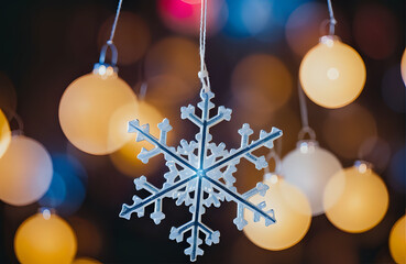 Macro shot of a Christmas ornament. Snowflake. Christmas Holiday Banner. Photorealistic. Copy Space.