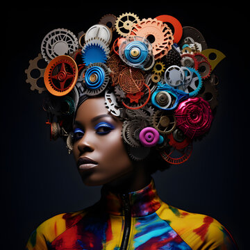 xAbstract portrait of a black woman with colorful gears emerging from her head depicting neurodiversity