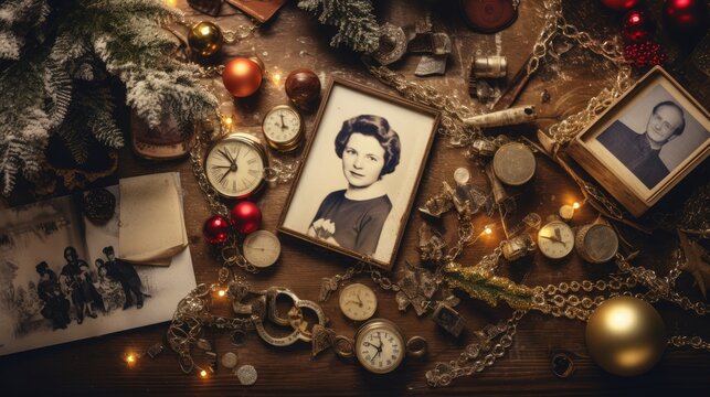  a picture of a woman is surrounded by christmas decorations and other items on a table with a christmas tree in the background.  generative ai