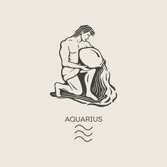 Aquarius zodiac symbol in engraving style. 