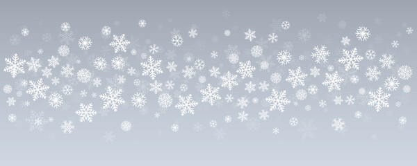 Christmas snowflakes background. Winter silver snow border decoration, greeting card. Noel subtle frame backdrop. Vector illustration