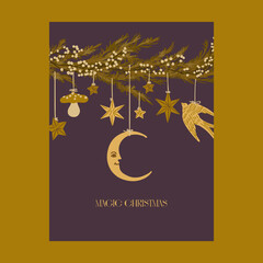 Fototapeta na wymiar Spruce branch with Christmas trees. Moon, snowflale, star and other. Winter greeting card, print, packaging
