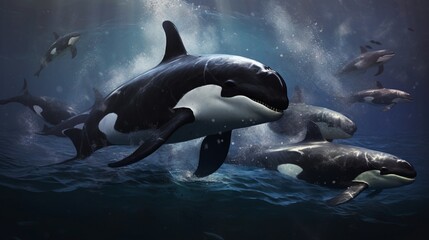A pod of orcas majestically surfacing together in the middle of a vast, dark ocean.