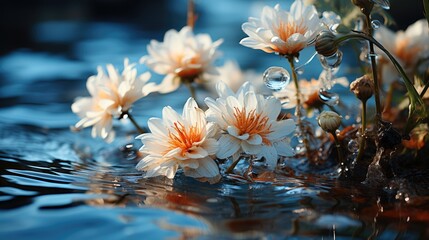  a bunch of water lilies floating on top of a body of water with drops of water on the petals.  generative ai