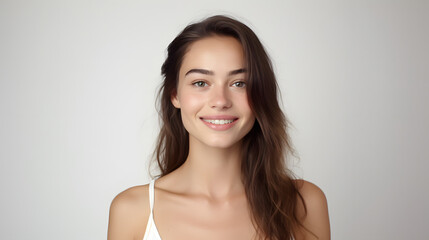 Portrait of authentic happy woman without makeup, smiling at camera, standing cute against white background.