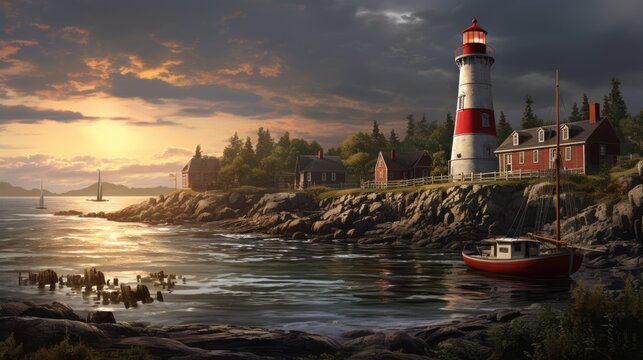  a painting of a lighthouse next to a body of water with a red and white boat in front of it.  generative ai