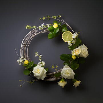 Floral wreath decorated with lemons on a dark background.